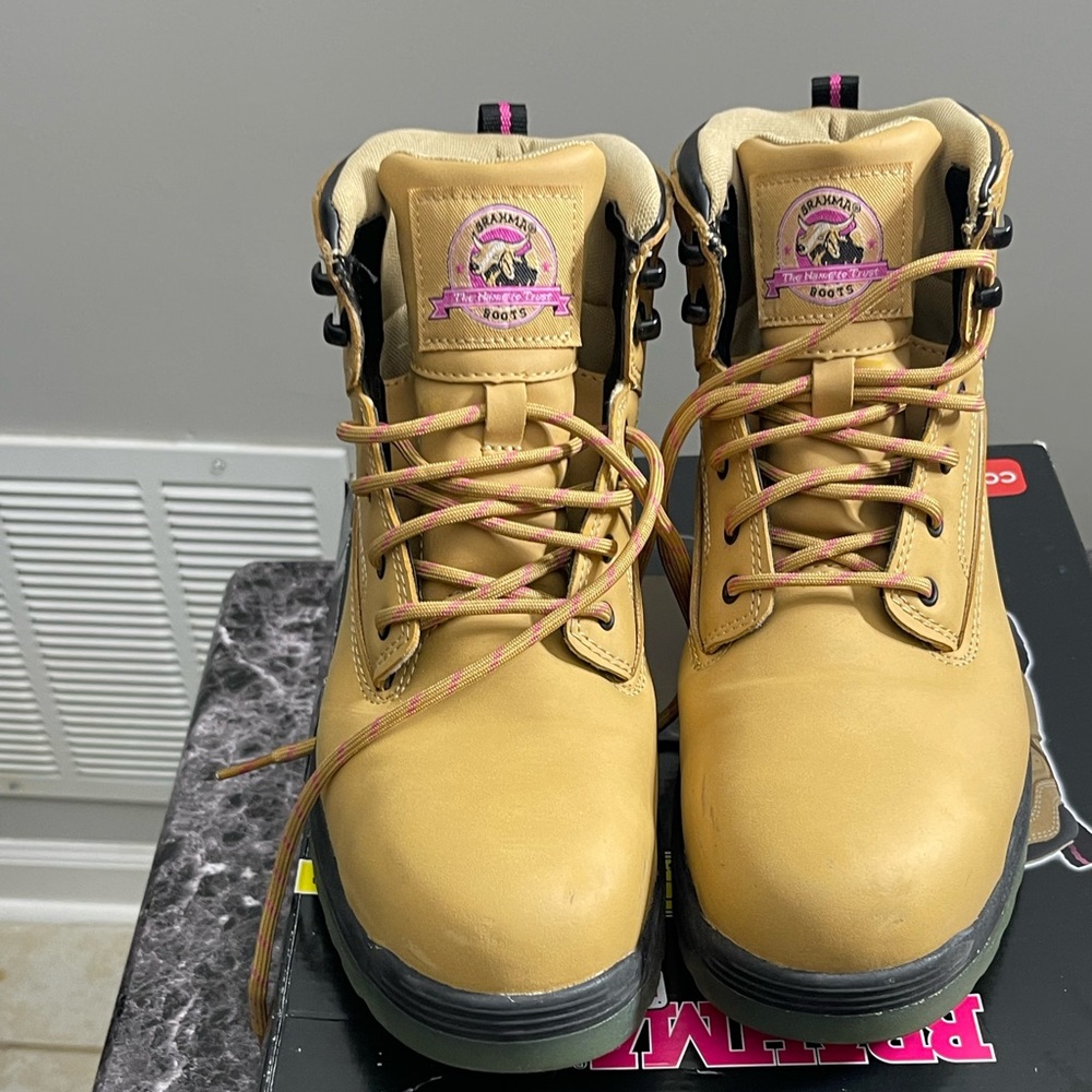 Brahma Tan Work-Style Combat Boots with Pink Accents